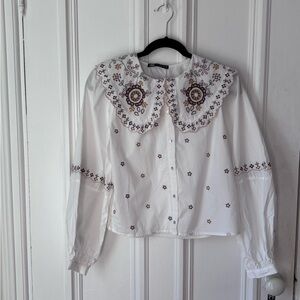 Zara Embroidered Poplin Button Front Blouse Peter Pan Collar Size XS